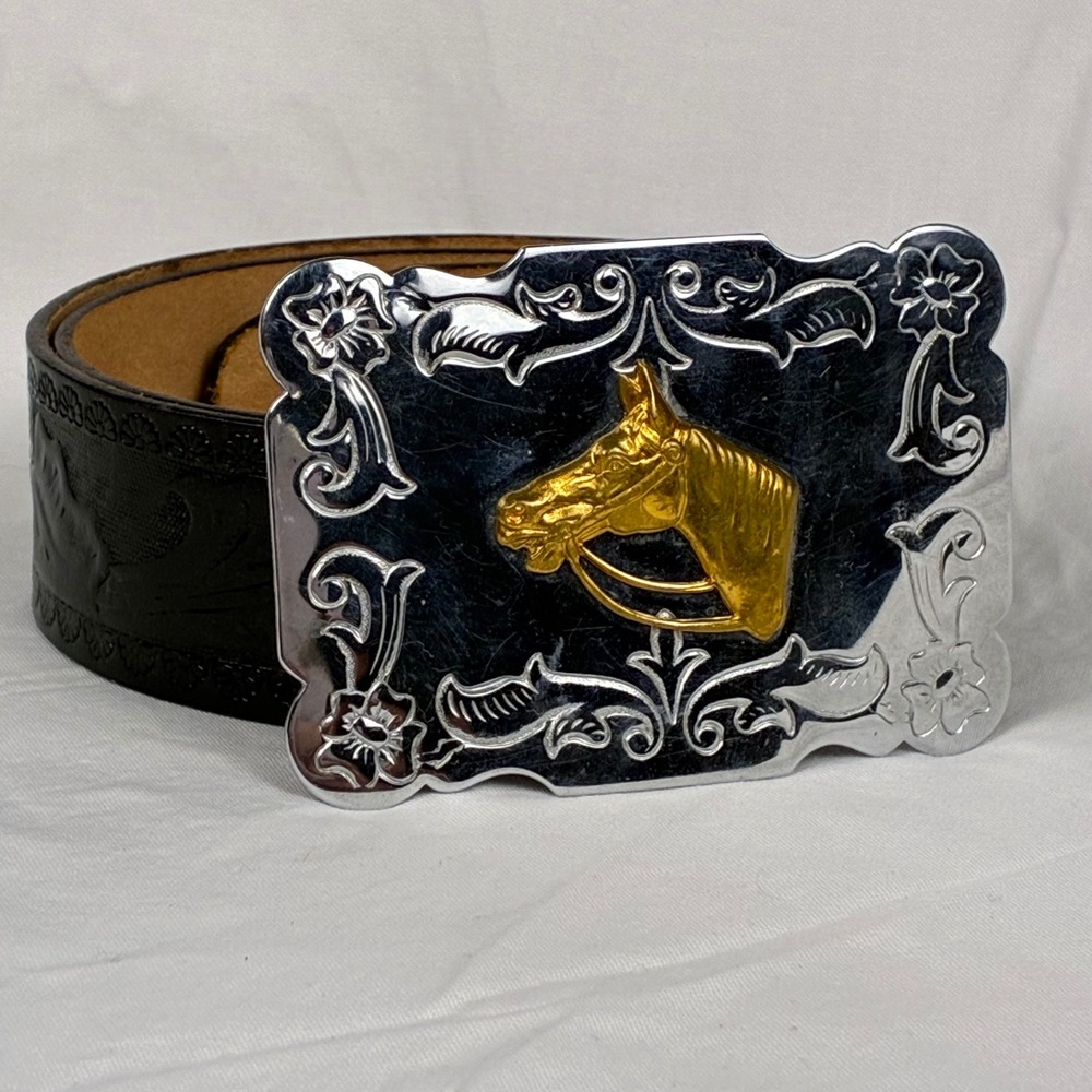 Vtg Western Flower Tooled Leather Belt Gold and SIlver Tone Horse Buckle 30 Boho